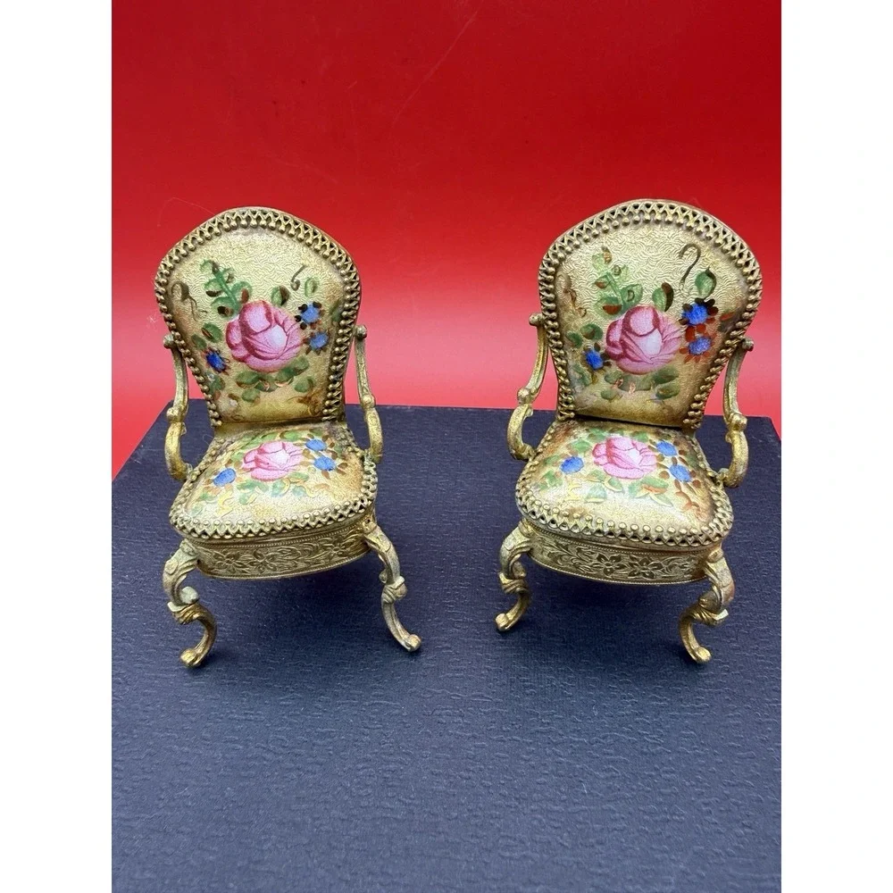 Antique Viennese Enamel Gold Miniature Dollhouse Settee And 2 Chairs Floral